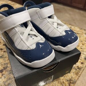 Jordan Kids White and Navy Patent Leather Sneakers